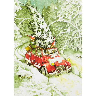 Inge Löök Postkarte - Damen mit Weihnachtsbaum im Auto