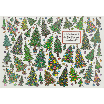 Rätselkarte - Weihnachts-Postkarte "Wo haben sich die fünf Engel versteckt?"