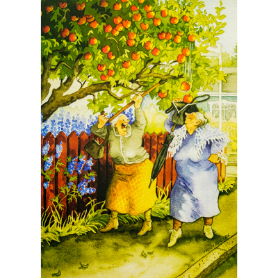 Inge Löök Postkarte - Damen schütteln Apfelbaum