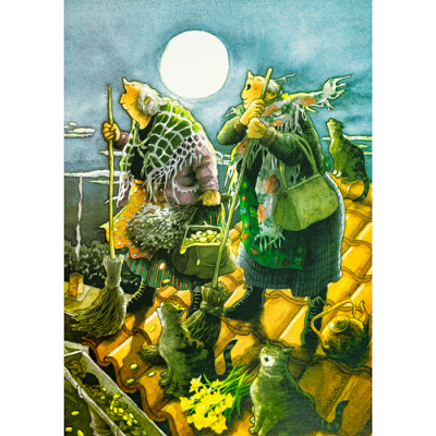 Inge Löök Postkarte - Damen mit Katzen auf dem Dach