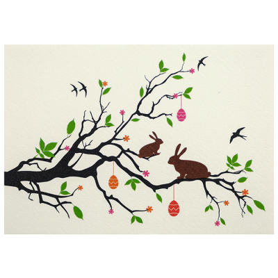 Postkarte Ostern 2 Hasen im Baum