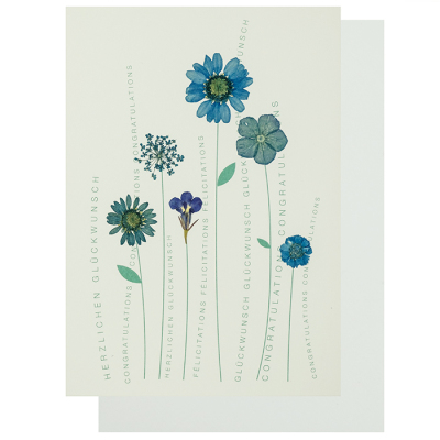 räder Glückwunschkarte Klappkarte "Herzlichen Glückwunsch" mit echten Blüten blau