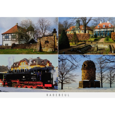 Postkarte Radebeul - Hoflößnitz, Villa Sorgenfrei, Schmalspurbahn am Bahnhof Radebeul Ost, Bismarckturm