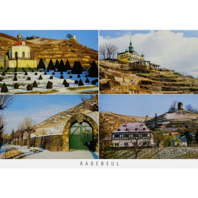 Postkarte Radebeul - Schloss Wackerbarth, Spitzhaus, Am Goldenen Wagen, Hoflößnitz und Bismarkturm