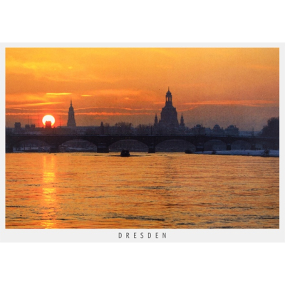 Postkarte Dresden - Sonnenuntergang an der Elbe mit Albertbrücke und Frauenkirche