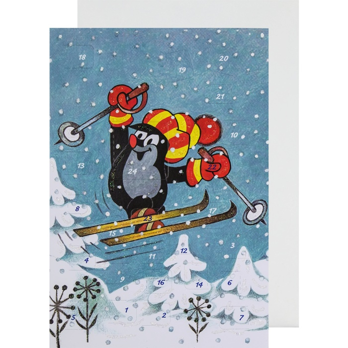Nostalgische Adventskalender Karte kleiner Maulwurf mit Geschenk Häschen Schnee